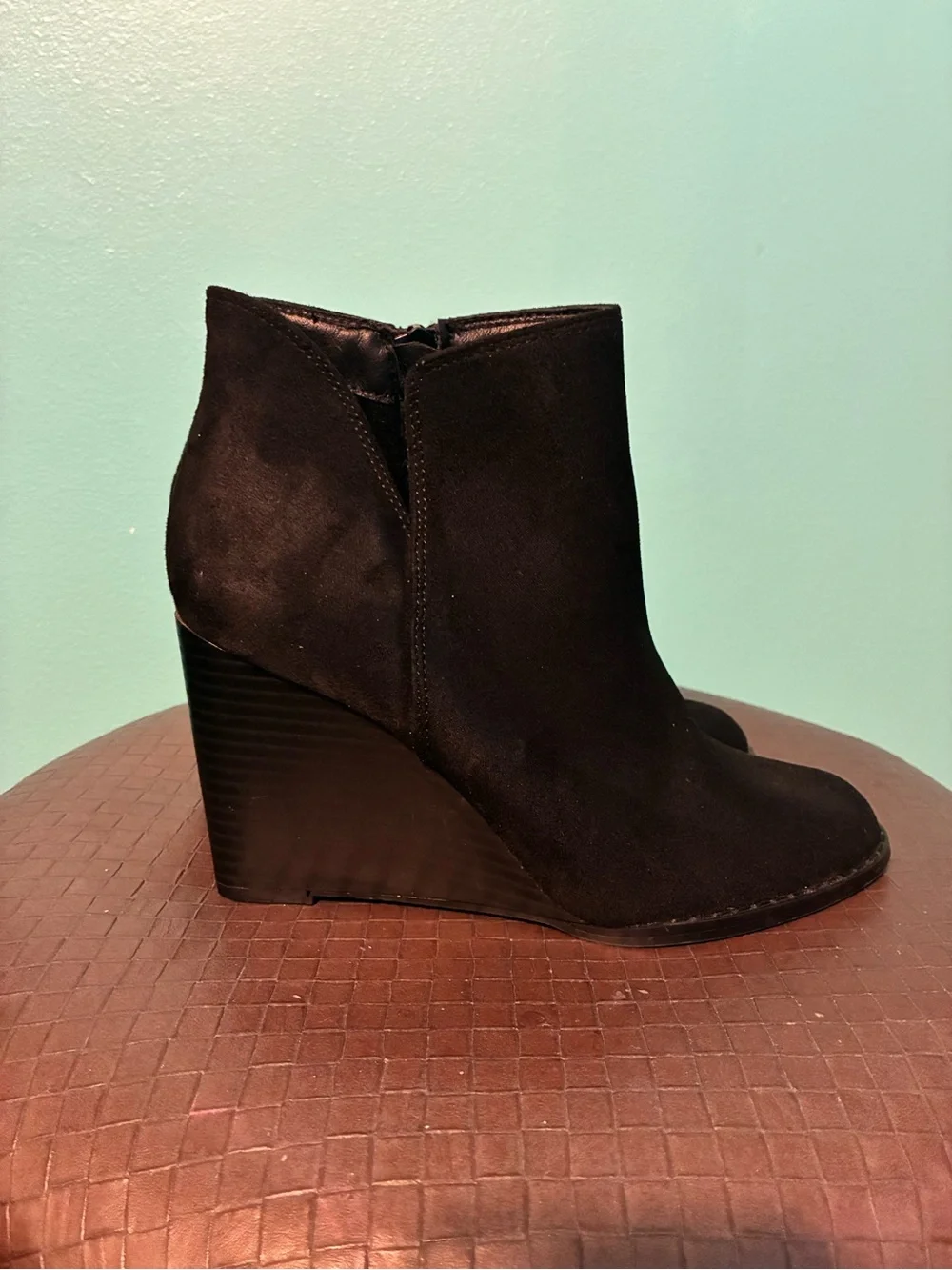 Women's Black Suede Wedge Ankle Boots with Side Zip
